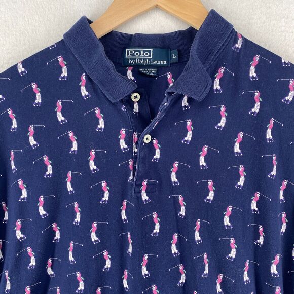 POLO RALPH LAUREN Shirt Men L Golf Polo All Over Print Golfer Cotton Jersey Blue - Picture 4 of 15